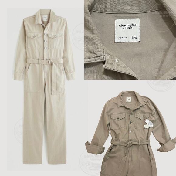 Abercrombie & Fitch L Tan Denim Utility Jumpsuit | Wide Leg Belt Cargo NWT $150 - Picture 1 of 11